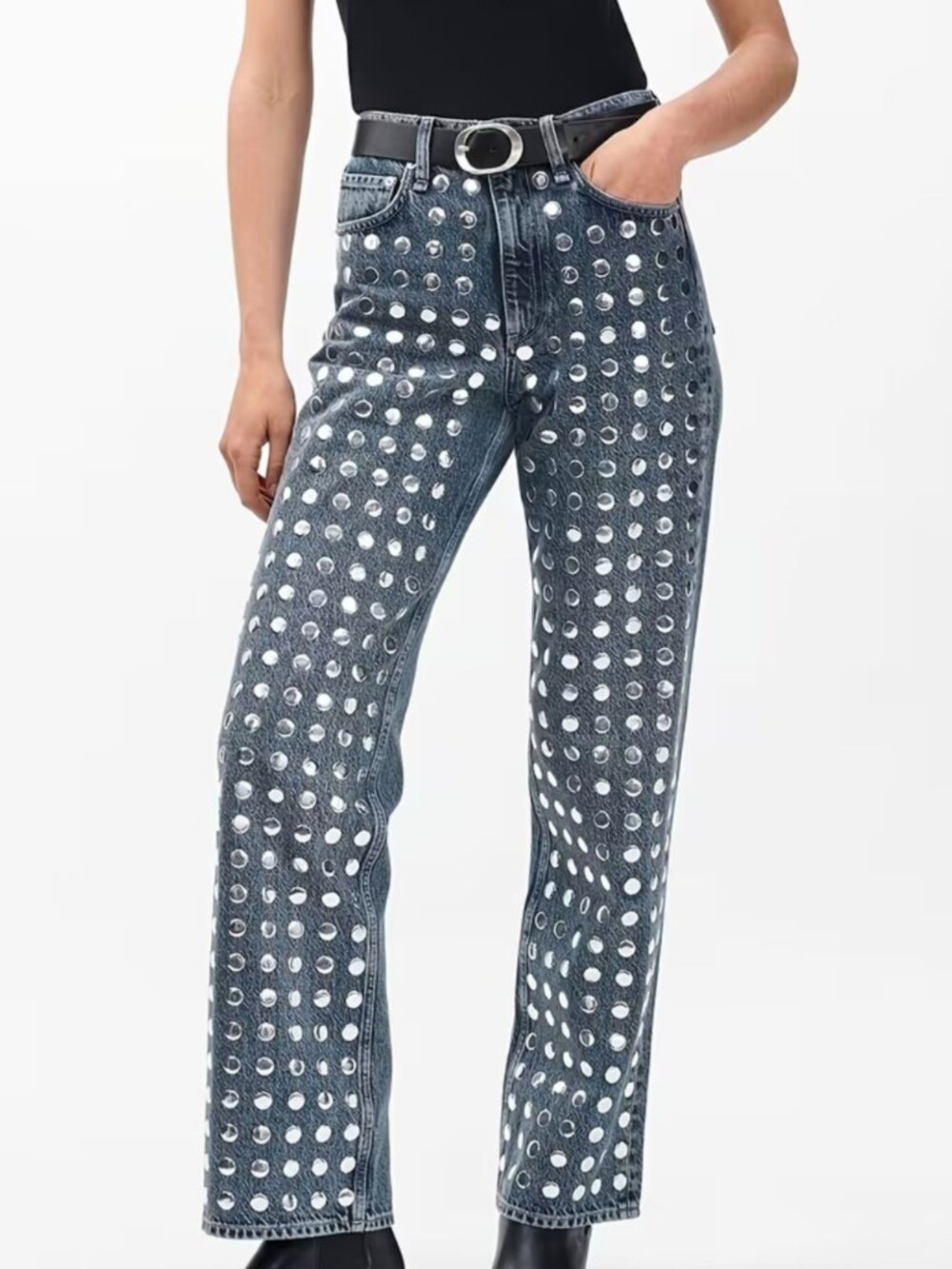 Women's New Vintage Straight-Leg Jeans, Fully Decorated with Silver Sequins